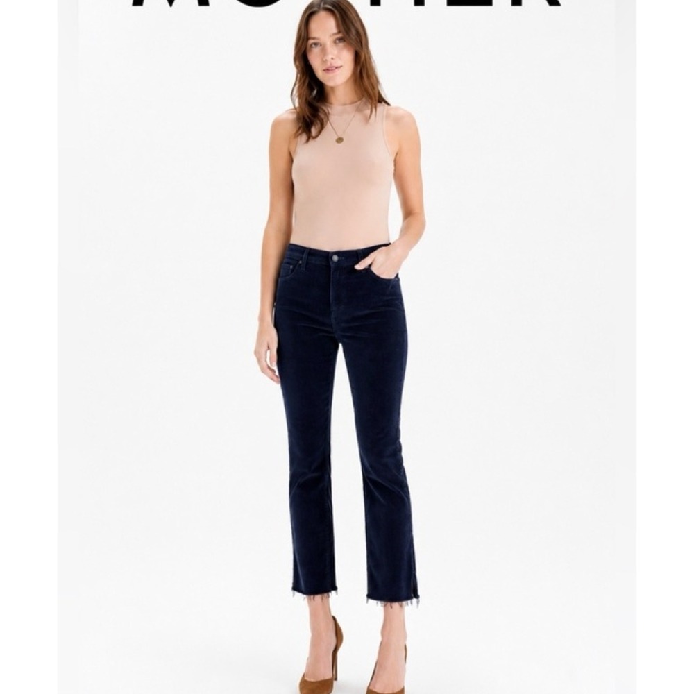 MOTHER The Mid Rise Dazzler Ankle Fray Corduroy Pants Hopscotch Navy Blue 24